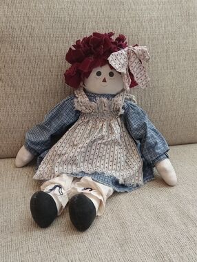 Vintage Handmade Rag Doll Plush Toy - Burgundy Hair, Blue Dress